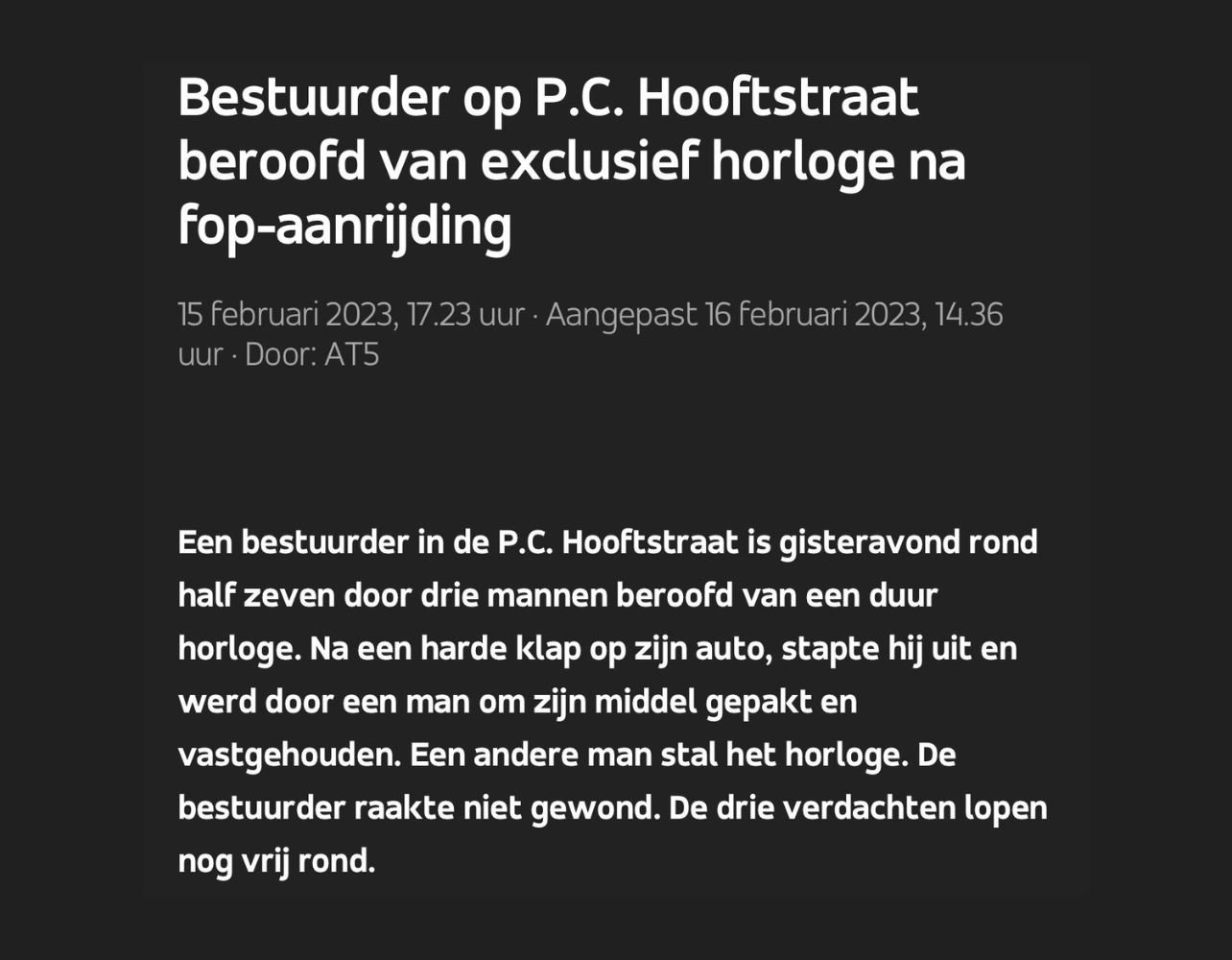 PC Hooftstraat – bestuurder beroofd van exclusief horloge